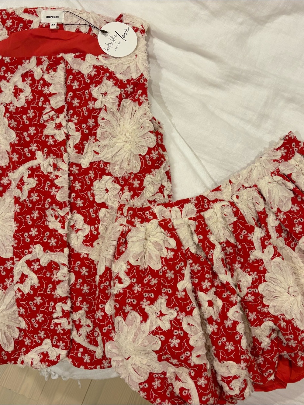 AUREUM Red Shorts with Ivory Floral Appliqué
